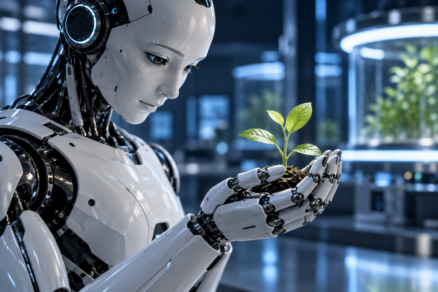KI-Konzeptbild: Robotik hält eine junge Pflanze
